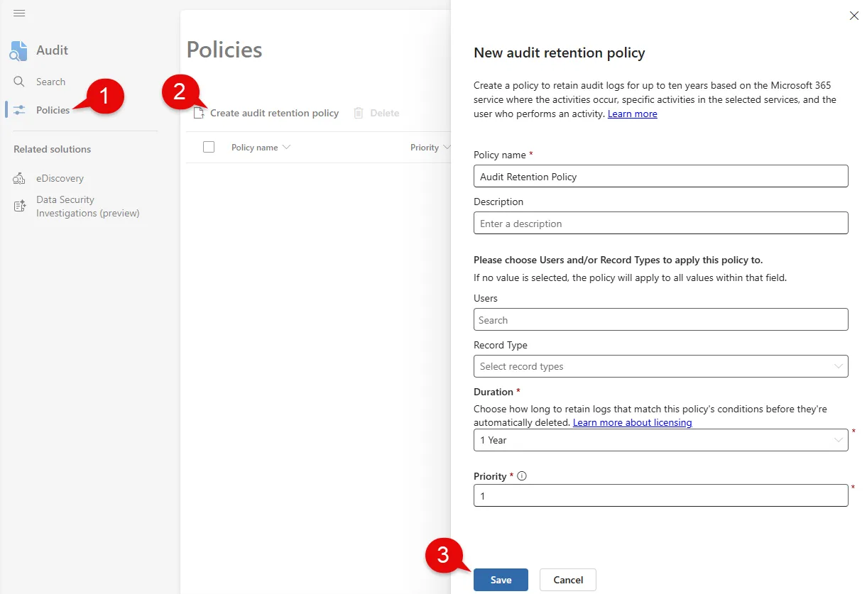 Creating an audit retention policy within Purview Audit